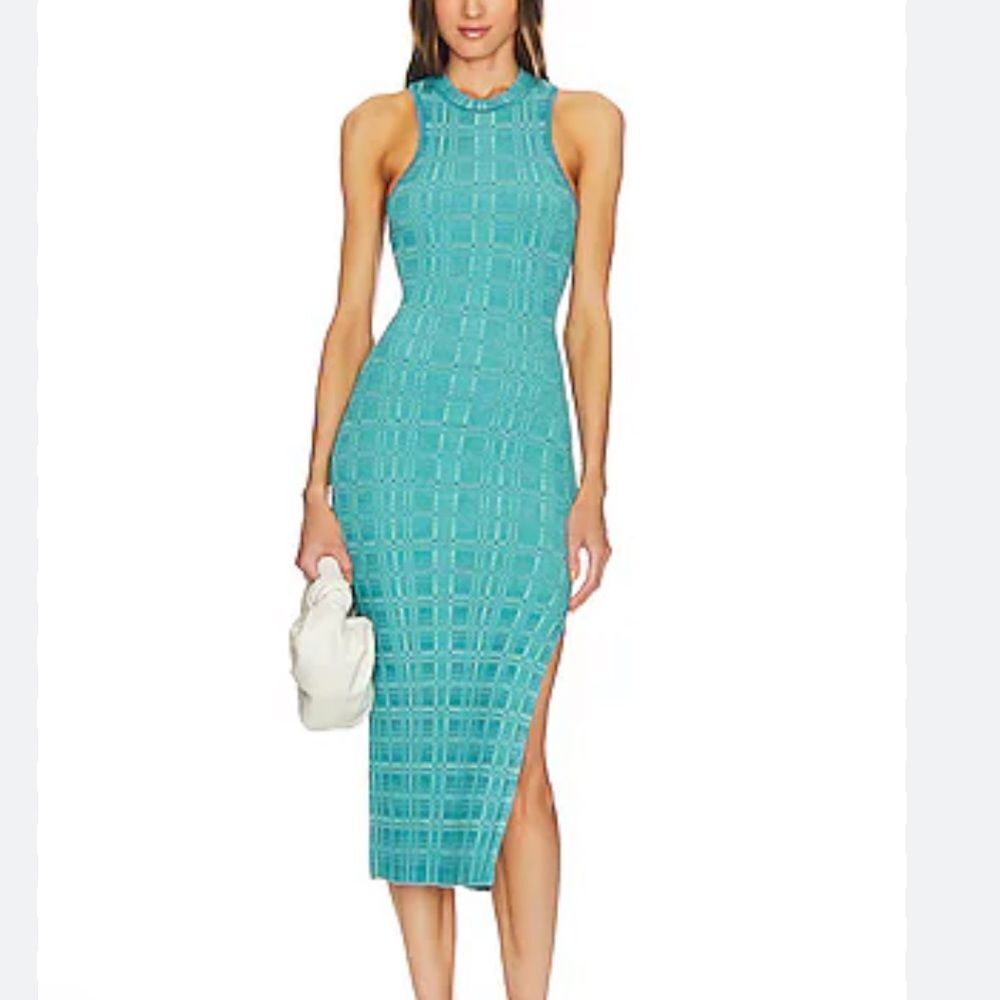 NWT L’Academie Halia Midi Knit Dress Slit Teal Multi check print Revolve XL